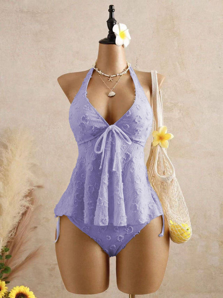 Weiß 1950er Strukturiert Blumen Halter Tiefer V Tankini Set