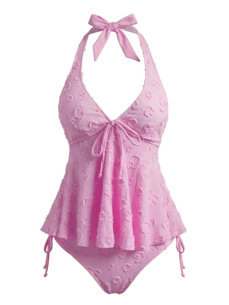 Weiß 1950er Strukturiert Blumen Halter Tiefer V Tankini Set
