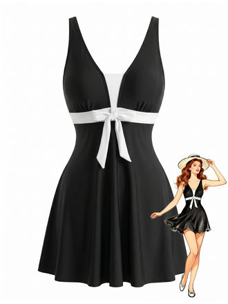 Schwarzes & Weißes 50er Tankini-Set mit Schleife und Farbblock