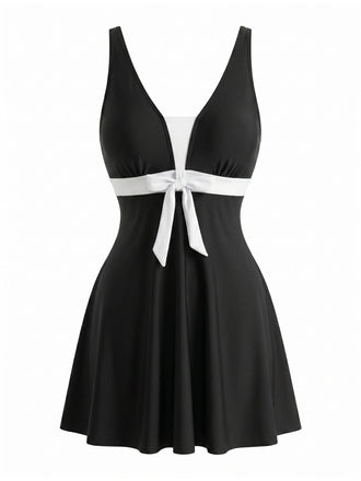Schwarzes & Weißes 50er Tankini-Set mit Schleife und Farbblock