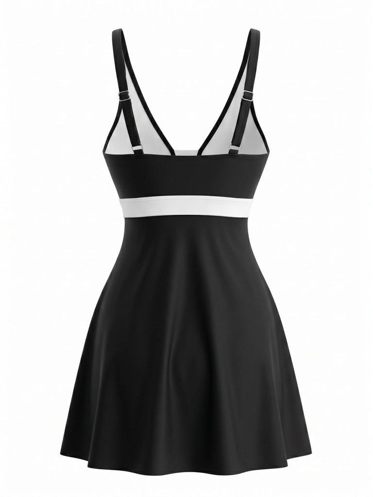 Schwarzes & Weißes 50er Tankini-Set mit Schleife und Farbblock