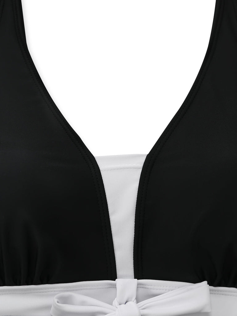 Schwarzes & Weißes 50er Tankini-Set mit Schleife und Farbblock