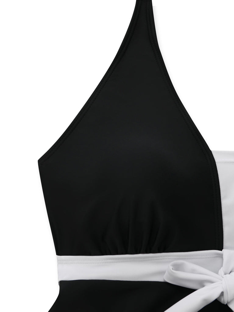 Schwarzes & Weißes 50er Tankini-Set mit Schleife und Farbblock