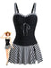 Schwarzes 1950er Streifen Farbblock Gerafft Tankini-Set