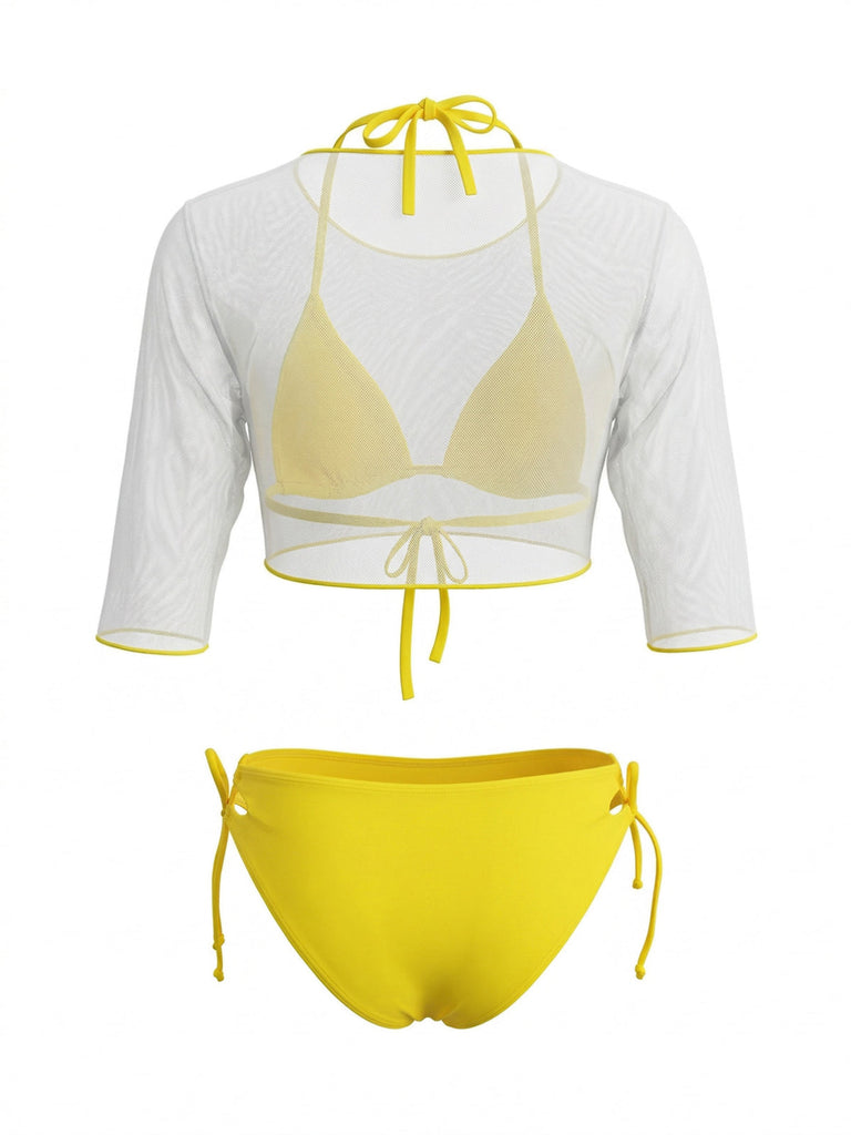 Gelbes 60er Bikini-Set & Cover-Up mit Neckholder und Triangle