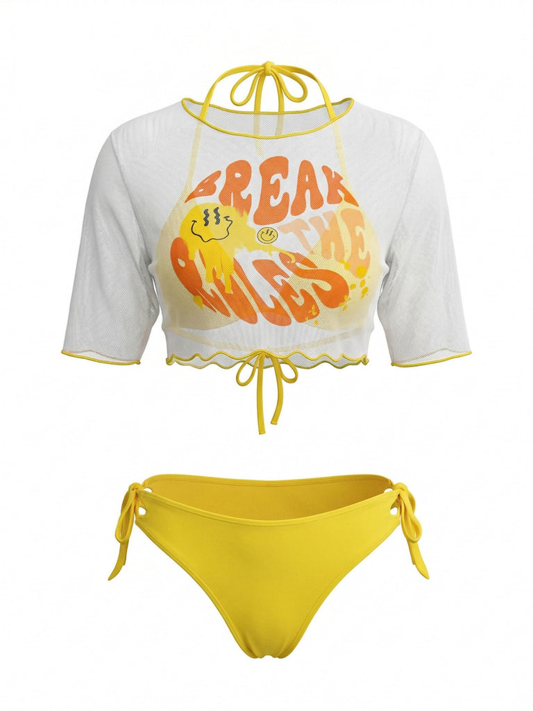 Gelbes 60er Bikini-Set & Transparent-Cover-Up mit Neckholder