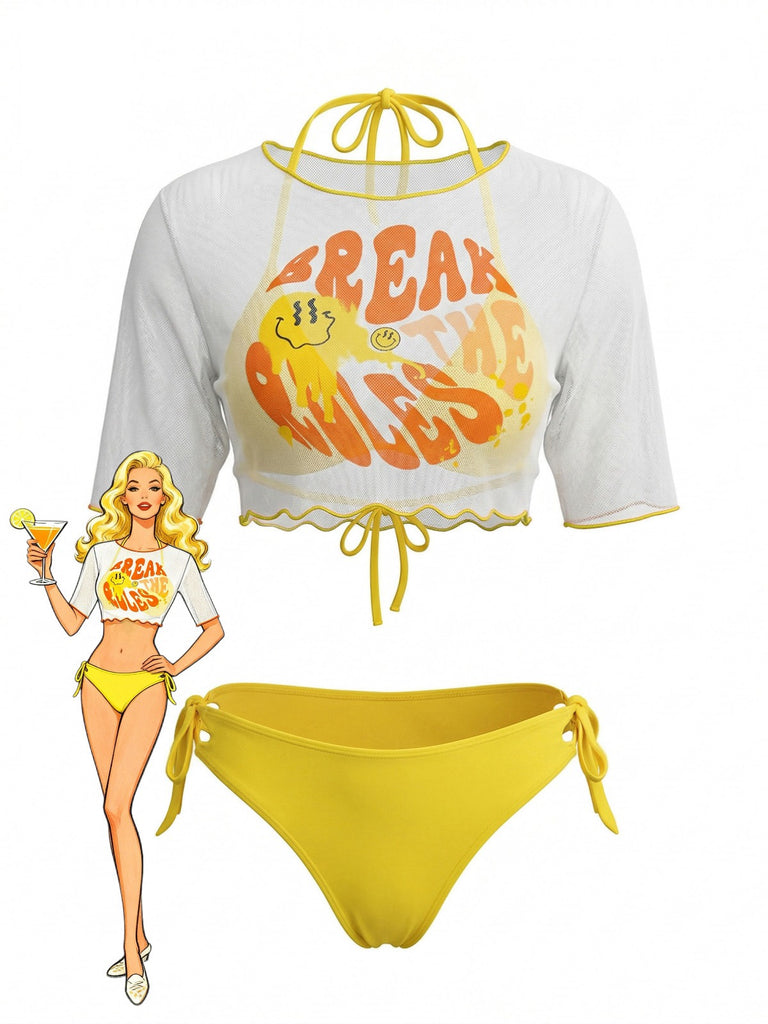 Gelbes 60er Bikini-Set & Transparent-Cover-Up mit Neckholder