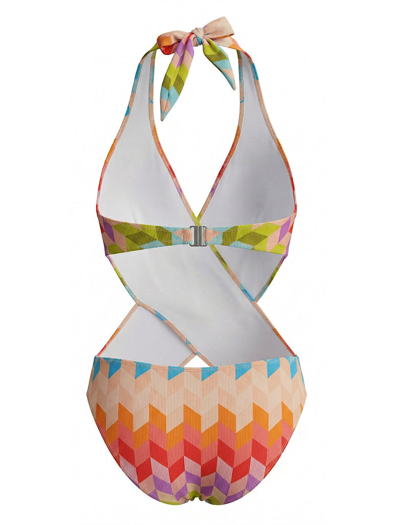 Mehrfarbiger 70er Boho Badeanzug & Cover-Up mit Neckholder