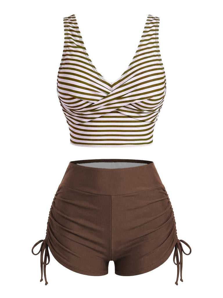 Tiefblaues 50er Tankini-Set mit Streifen und Kordelzug