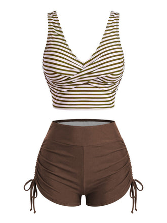 Kaffeebraunes 50er Tankini-Set mit Streifen und Kordelzug