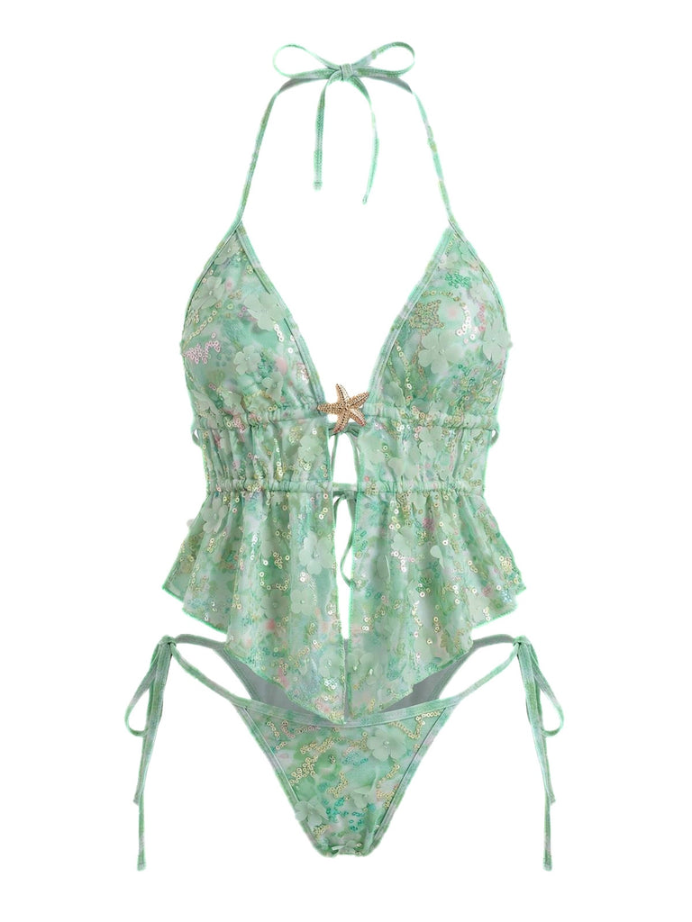 Türkis 1960er Blumen Pailletten Halter Bindeband Tankini Set
