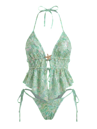 Türkis 1960er Blumen Pailletten Halter Bindeband Tankini Set