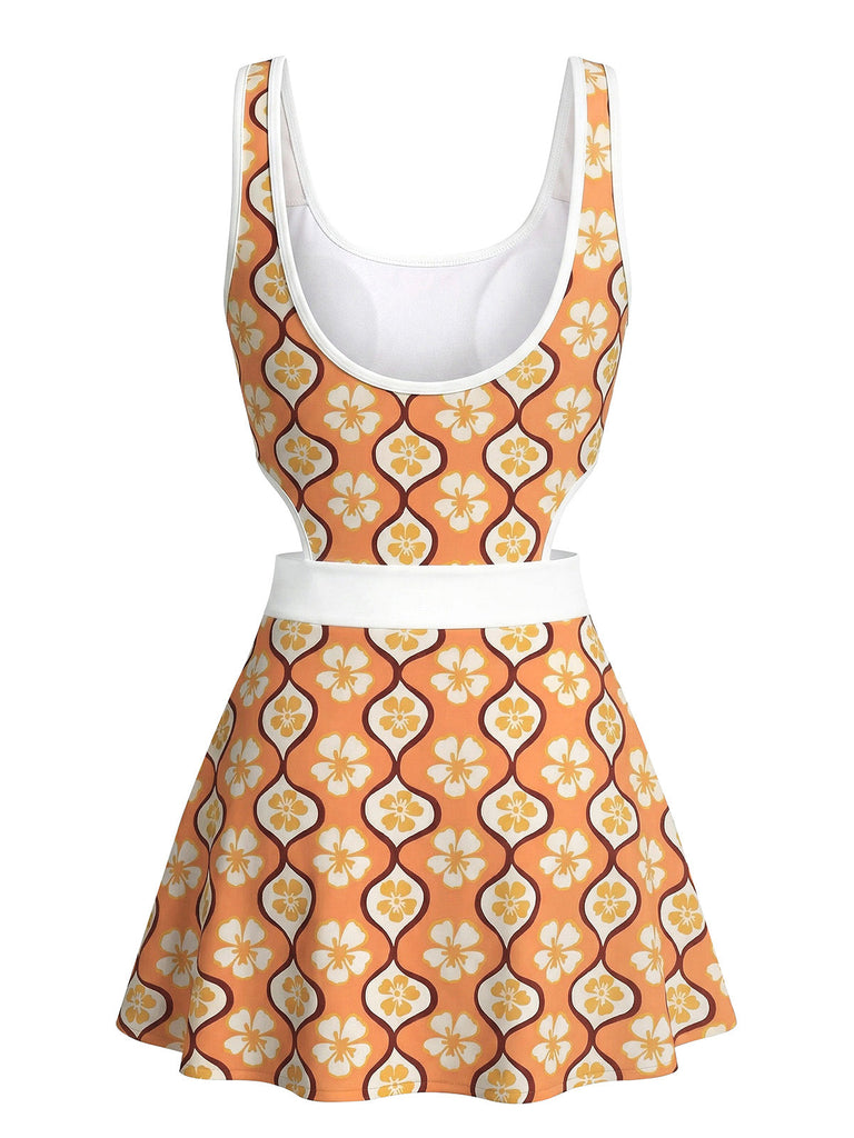 Mehrfarbiges 1960er Kirsche Blossom Cutout Einteiliges Badekleid