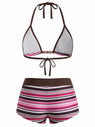 Mehrfarbig 1950er Schnür Halter Perlenbesetzt Streifen Bikini Set