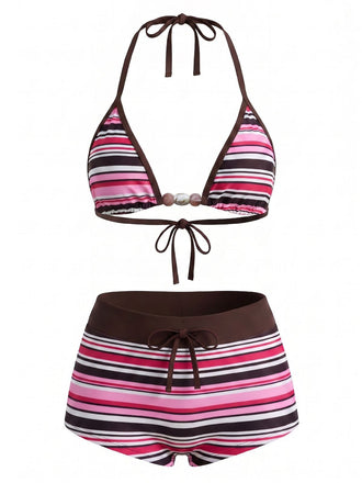 Mehrfarbig 1950er Schnür Halter Perlenbesetzt Streifen Bikini Set