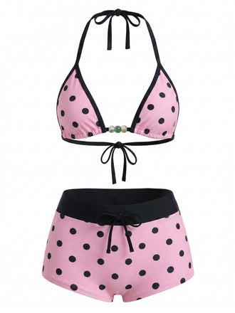 Rosa 1950er Schnür Halter Perlenbesetzt Polka Dot Bikini Set