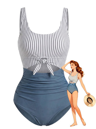 Blauer 30er Badeanzug mit Cut-Out und Streifen