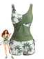 Armeegrün 1950er Palmen Überkreuzt Farbblock Tankini Set