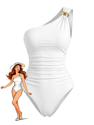 Weißer 70er Badeanzug mit One-Shoulder und gerafft