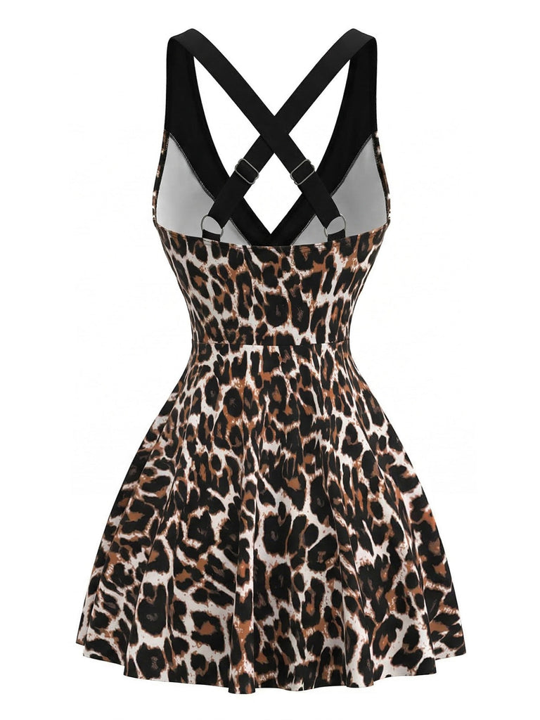 Leoparden-Printer 70er Netz-Badeanzug mit V-Ausschnitt und Criss-Cross