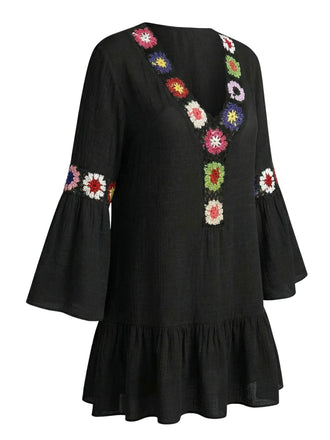 1970er Rüschen-Stickerei-Blumen-V-Ausschnitt-Cover-Up