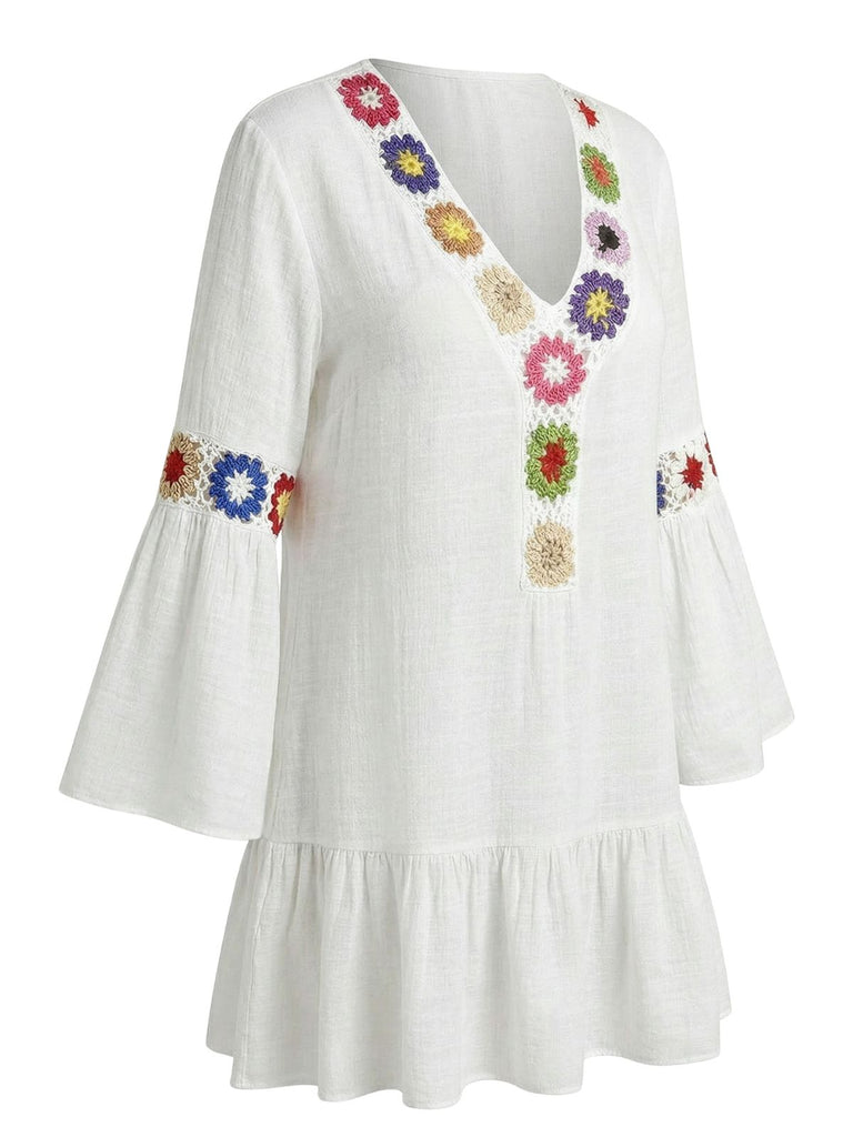 1970er Rüschen-Stickerei-Blumen-V-Ausschnitt-Cover-Up