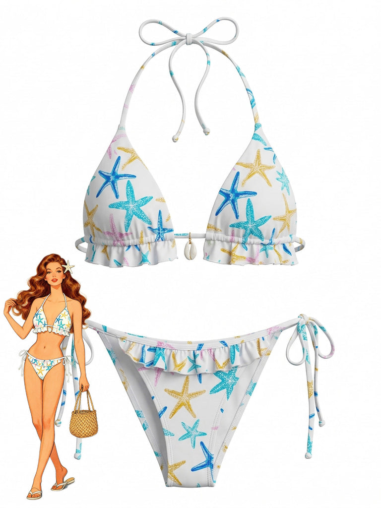 Blaues 50er Bikini-Set mit Rüschen und Neckholder