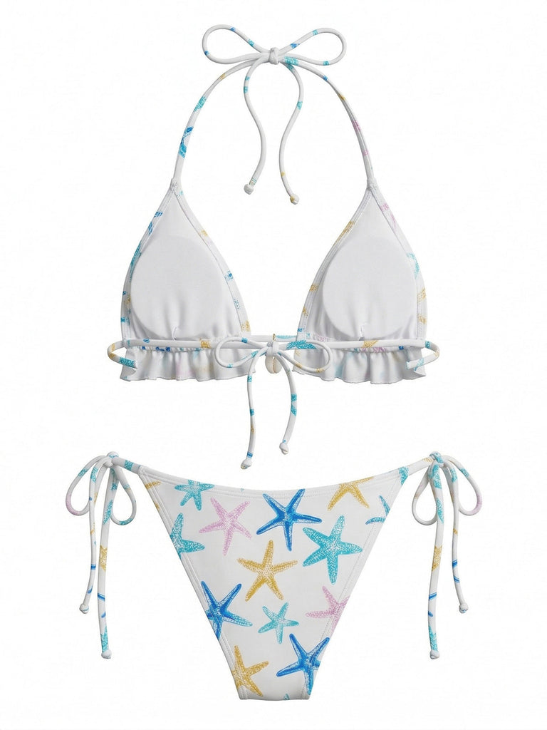 Blaues 50er Bikini-Set mit Rüschen und Neckholder