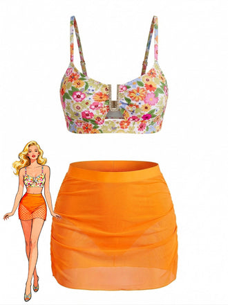 60er Tankini-Set mit Blumen und U-Metallschnalle