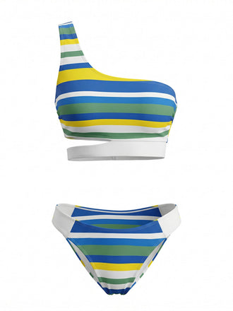 Blaues 40er Bikini-Set mit One-Shoulder und Cut-out