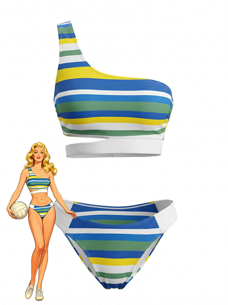Blaues 40er Bikini-Set mit One-Shoulder und Cut-out