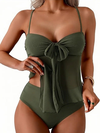Grünes 50er Netz-Tankini-Set mit Schleife und hoher Taille