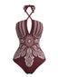 Roter 70er Boho Badeanzug mit Mandala und Kreuz-Neckholder