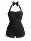 Schwarz 1940er Uni Halter Einteiliger Badeanzug