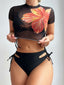 40er Bikini-Set mit Crop-Top, Tropenblumen und transparent in Schwarz