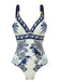 Blauer 1930er Blume & Bird Einteiliger Badeanzug & Cover-Up