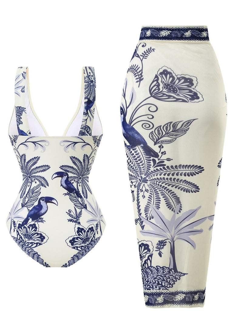 Blauer 1930er Blume & Bird Einteiliger Badeanzug & Cover-Up