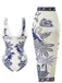 Blauer 1930er Blume & Bird Einteiliger Badeanzug & Cover-Up