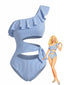 40er Badeanzug mit Streifen und asymmetrischem Cutout in Blau