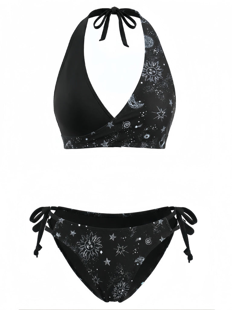 40er Bikini-Set mit Neckholder und Blumen-Print in Schwarz