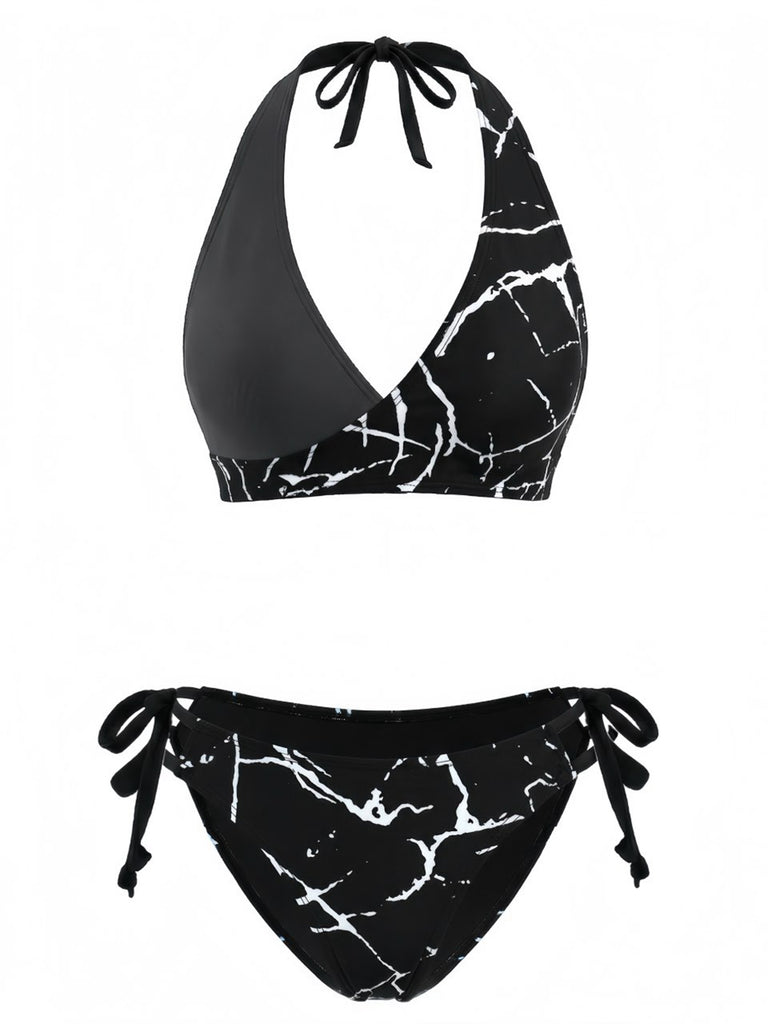 40er Bikini-Set mit Neckholder und Blumen-Print in Schwarz