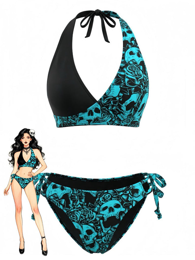 40er Bikini-Set mit Neckholder und Blumen-Print in Schwarz