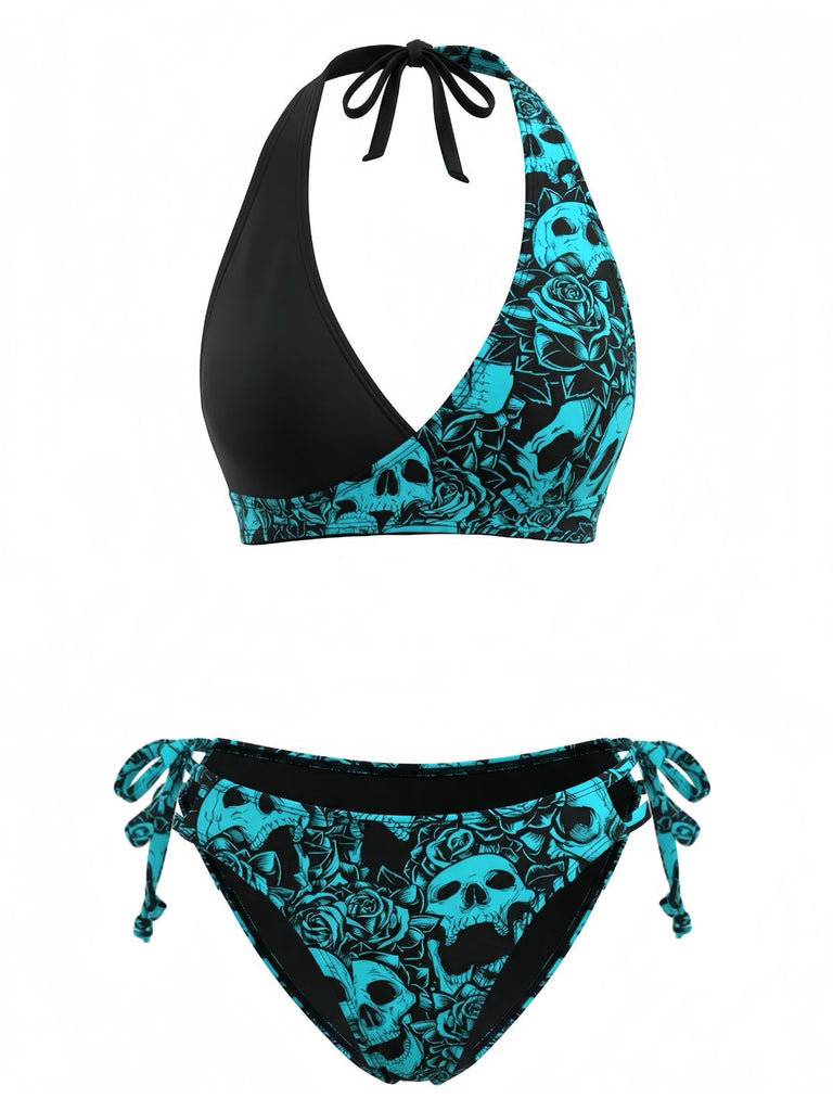 40er Bikini-Set mit Neckholder und Blumen-Print in Schwarz