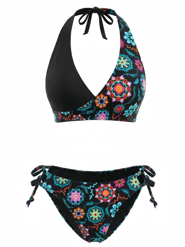40er Bikini-Set mit Neckholder und Blumen-Print in Schwarz