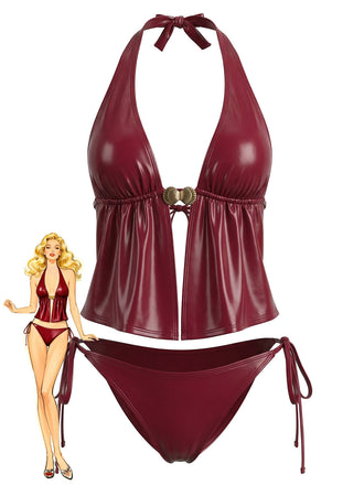 Rotes 40er Leder-Tankini-Set mit Neckholder und Hülse
