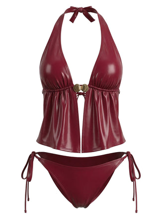 Rotes 40er Leder-Tankini-Set mit Neckholder und Hülse