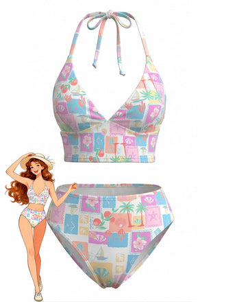Rosa 60er Bikini-Set mit V-Ausschnitt und Neckholder