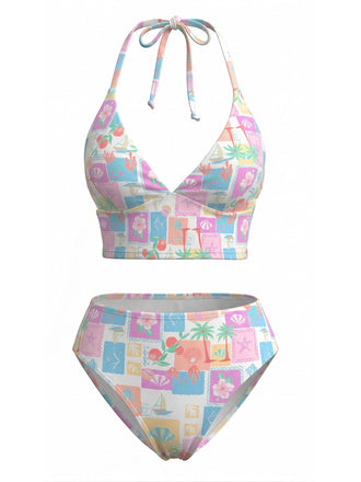Rosa 60er Bikini-Set mit V-Ausschnitt und Neckholder
