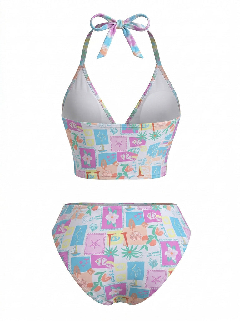 Rosa 60er Bikini-Set mit V-Ausschnitt und Neckholder