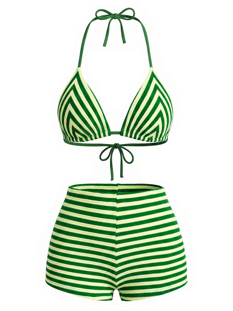 Grünes 50er Bikini-Set mit Neckholder und Streifen